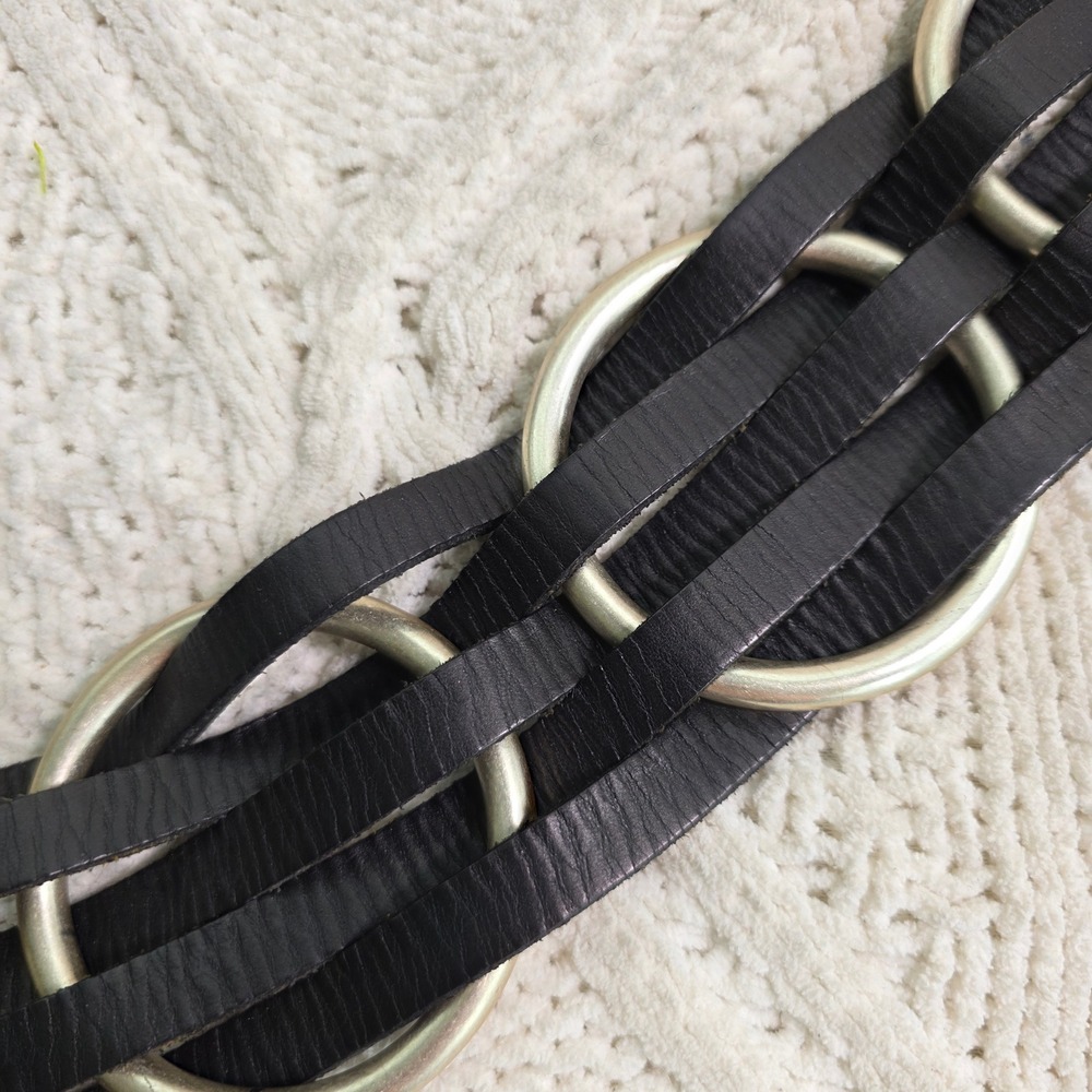 VTG Linea Pelle Leather Belt Black O-Ring Woven HEAVY THICK 40" Long RARE FIND